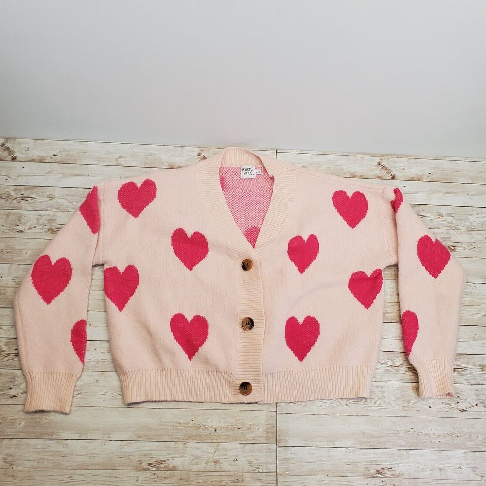 Princess Polly Fantastic Pink Heart Cardigan Size Large‎ XL Cropped Graphic Knit